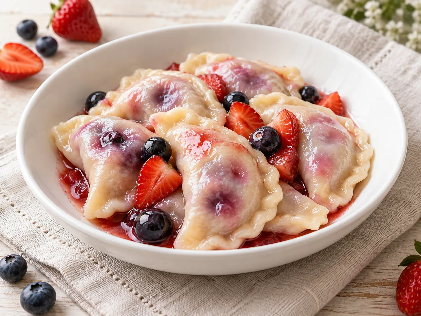 Домашние вареники с черникой и клубникой